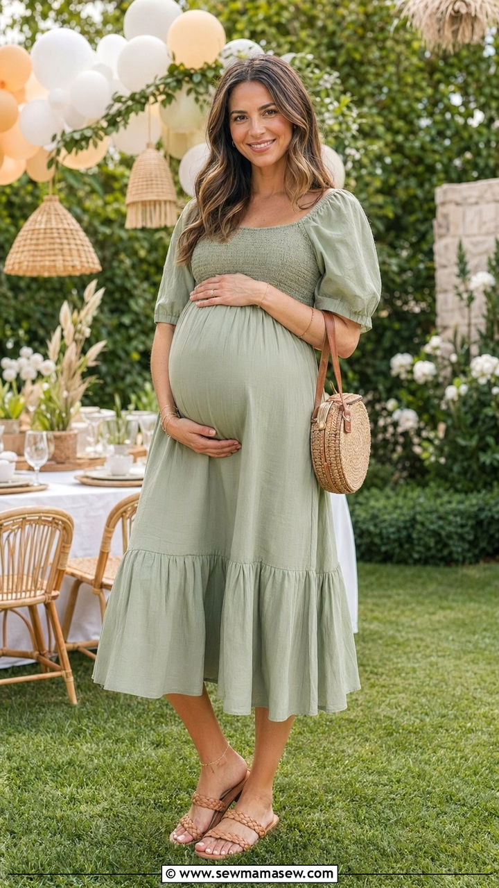 Maternity Smocked Midi Dress With Sandals - 30 Baby shower outfit ideas summer
