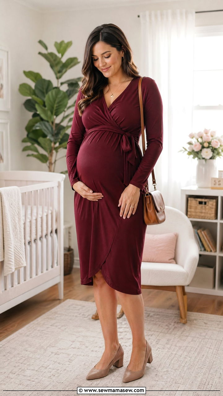 Maternity Wrap Dress With Low Heels And A Crossbody Bag - 35 work outfits for moms