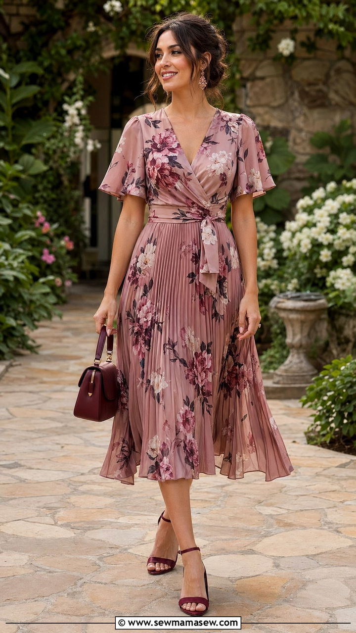 Mauve Floral Pleated Midi Dress - 30 Wedding guest outfits spring 2026