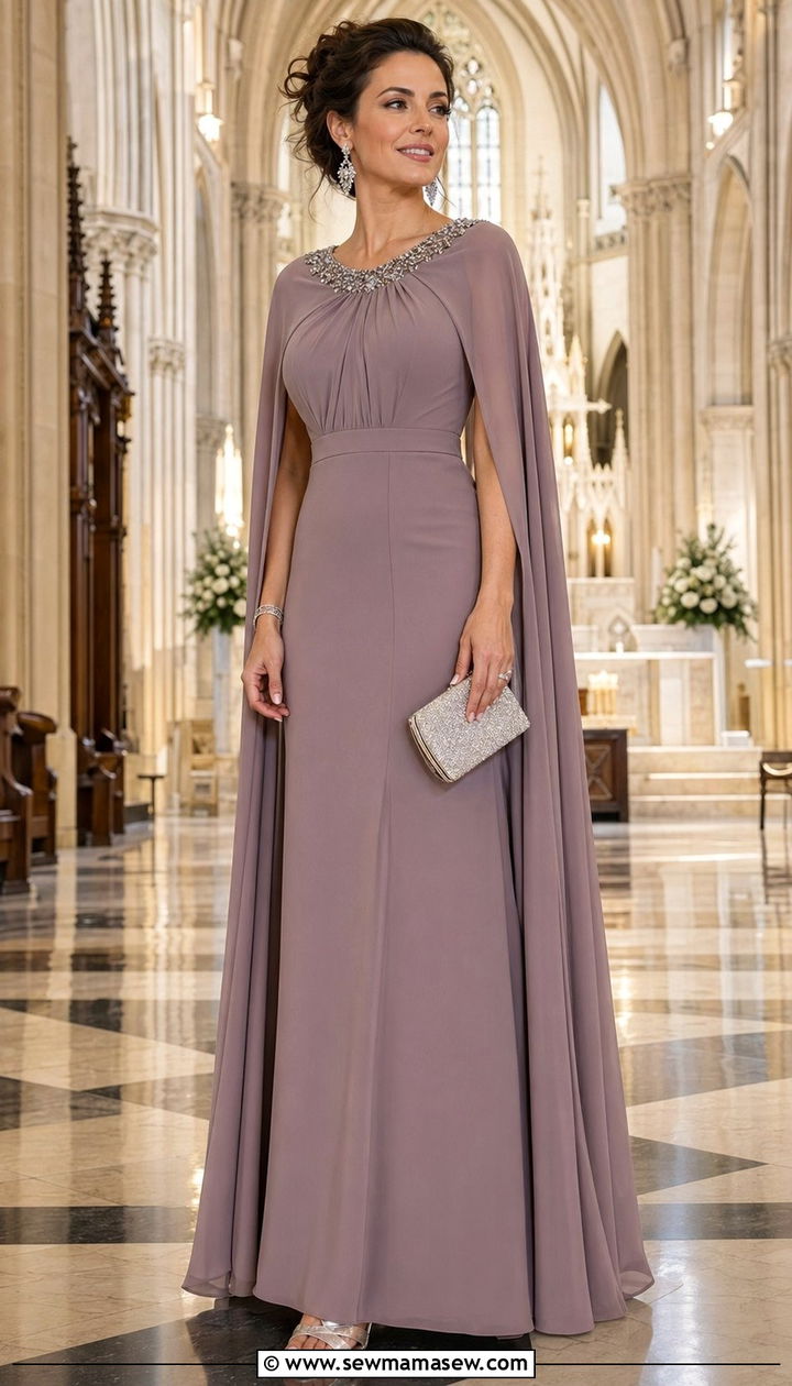 Mauve Gown With Cape Sleeves Wedding Guest Outfit - 30 What to wear to a wedding over 40