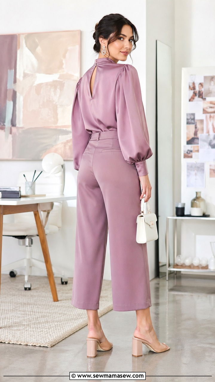 Mauve Silk Puff Sleeve Blouse and Cropped Wide Leg Trouser Set - 30 Silk matching set outfit ideas