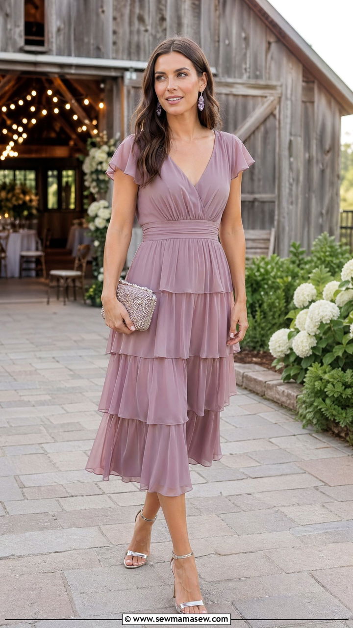 Mauve Tiered Midi Dress For Wedding - 35 Wedding guest outfits for tall women