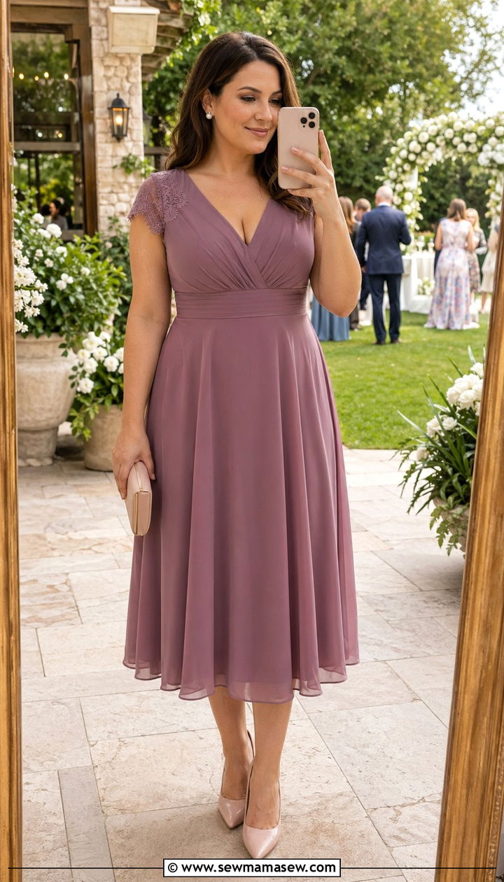 Mauve V Neck Midi Dress With Cap Sleeves - 30 wedding guest outfits for apple shaped body