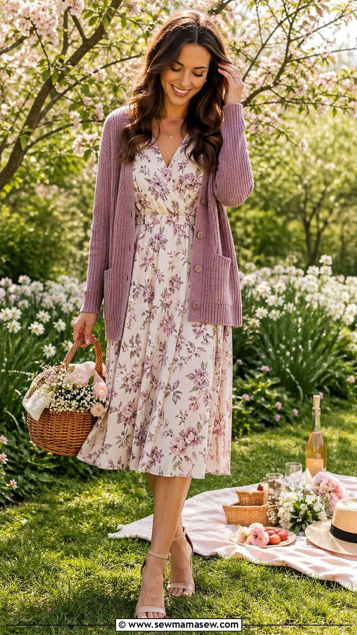 Mauve cardigan and floral dress - 40 All mauve outfit ideas