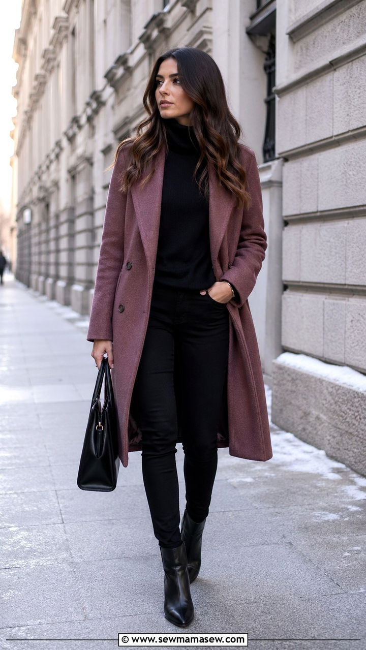 Mauve coat and black outfit - 40 All mauve outfit ideas