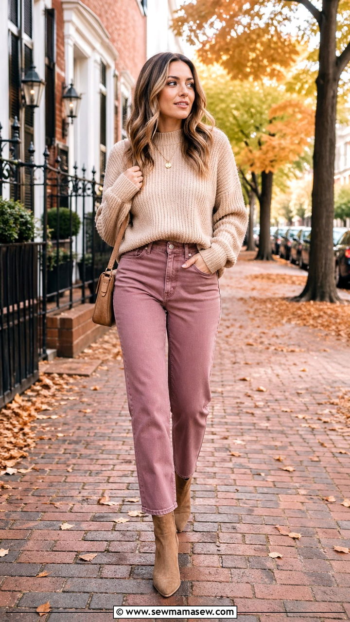 Mauve jeans and beige sweater - 40 All mauve outfit ideas