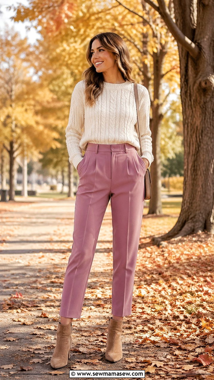 Mauve pants and cream sweater - 40 All mauve outfit ideas