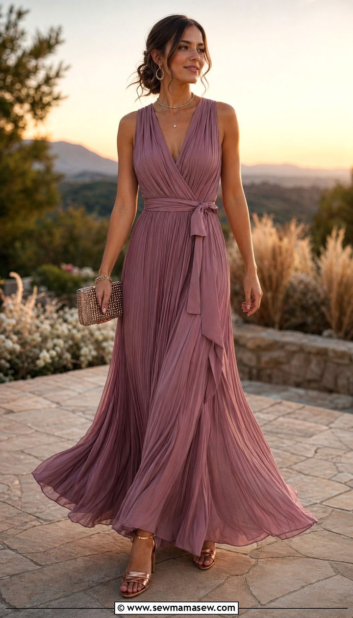 Mauve pleated maxi dress wedding guest outfit - 35 Quiet luxury outfit ideas for wedding guest