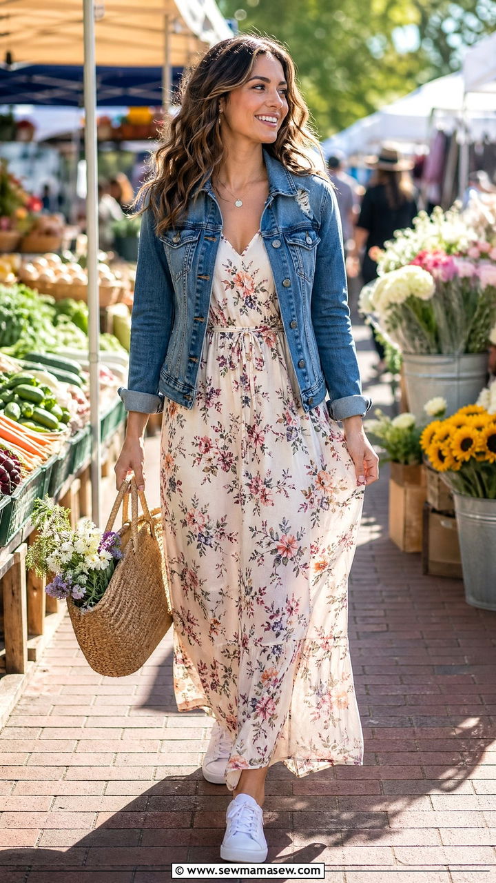 Maxi Dress Outfit With Denim Jacket And White Sneakers - 35 classy dress outfits