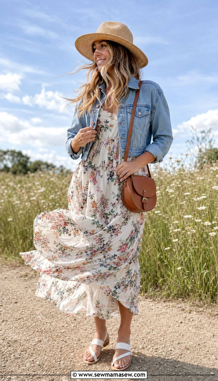 Maxi Dress With A Denim Jacket - 30 windy day outfits Pinterest