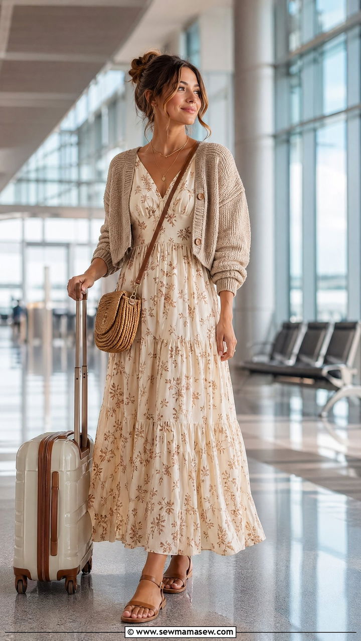 Maxi Dress With Cropped Cardigan And Flat Sandals - 40 Airport outfits for women