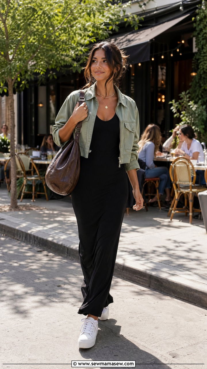 Maxi Dress With Cropped Utility Jacket And Sneakers - 35 Summer transition outfits