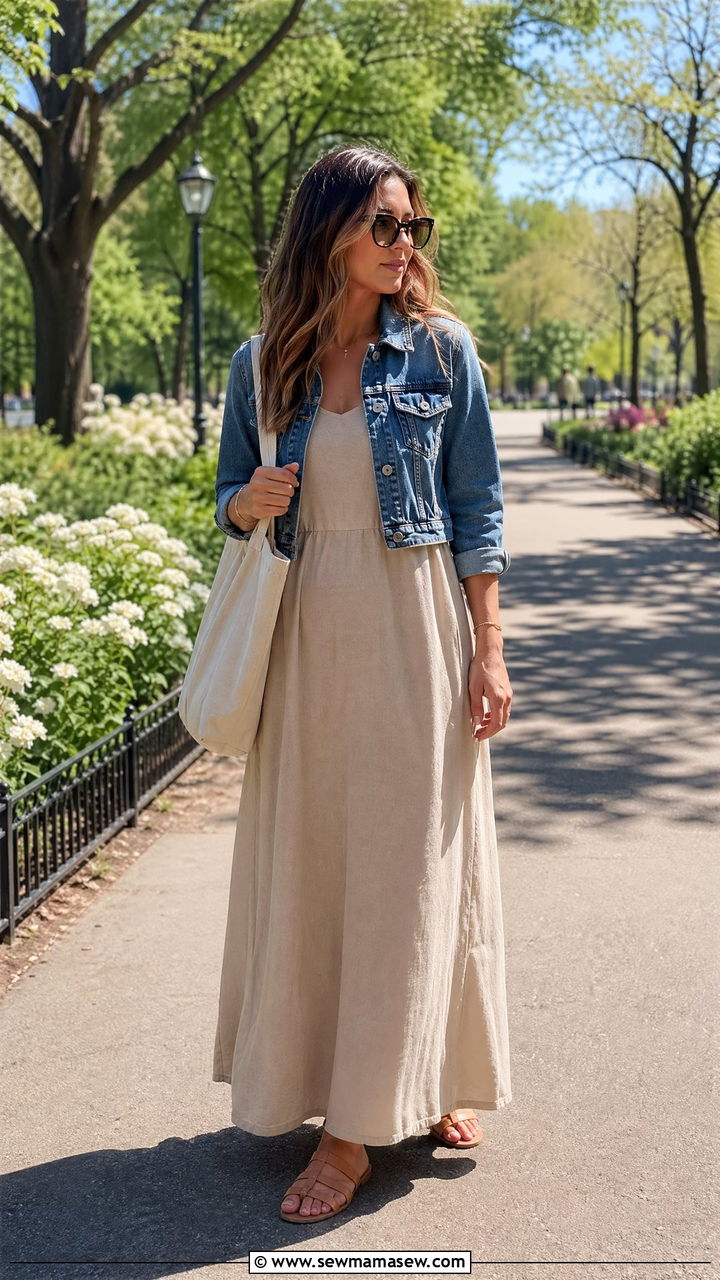 Maxi Dress With Denim Jacket And Flat Sandals - 35 summer work outfit ideas