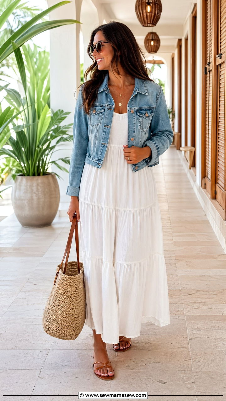 Maxi Dress With Denim Jacket And Sandals - 35 classy airport outfits