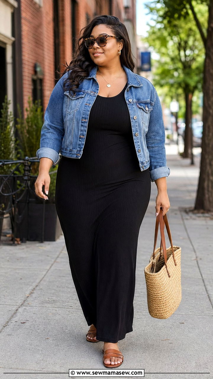 Maxi Dress With Denim Jacket And Sandals - 35 Plus size outfit ideas size 24 summer