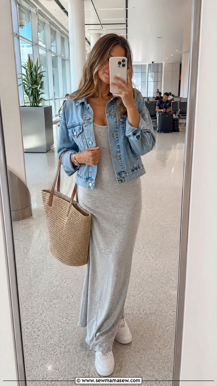 Maxi Dress With Denim Jacket And Sneakers - 35 Comfortable airport outfits