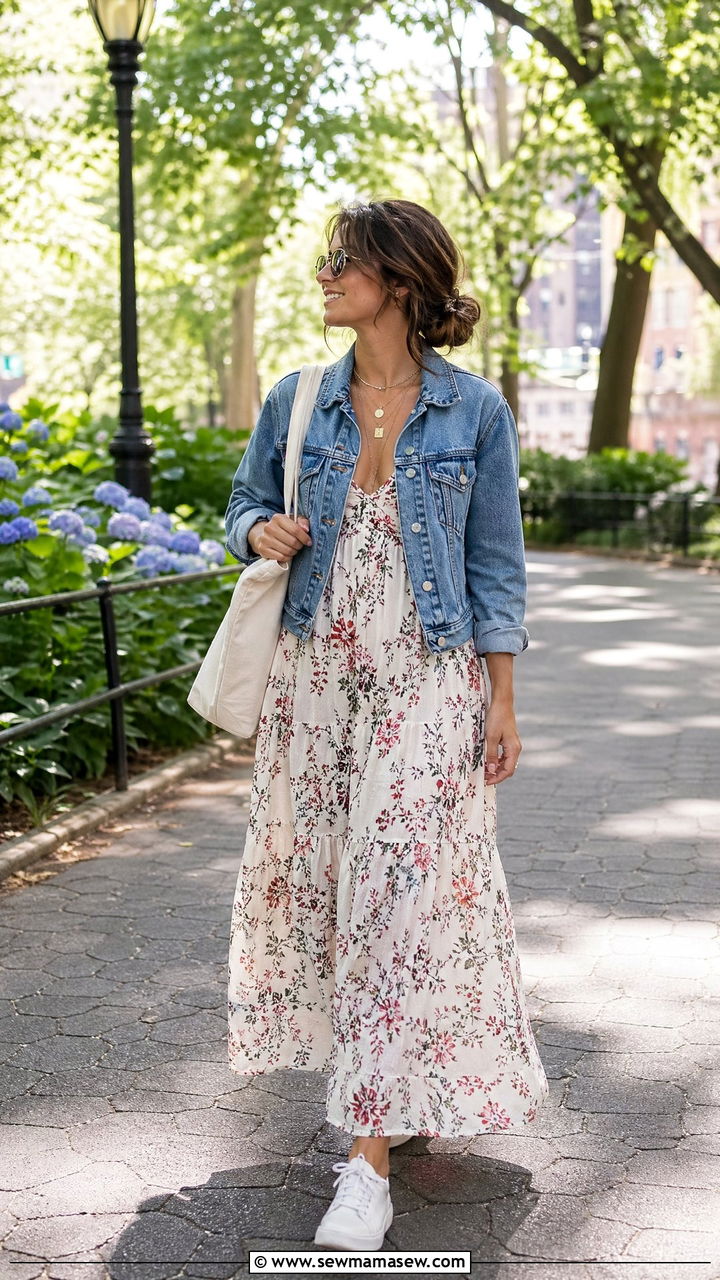 Maxi Dress With Denim Jacket And Sneakers - 35 summer capsule wardrobe outfit ideas