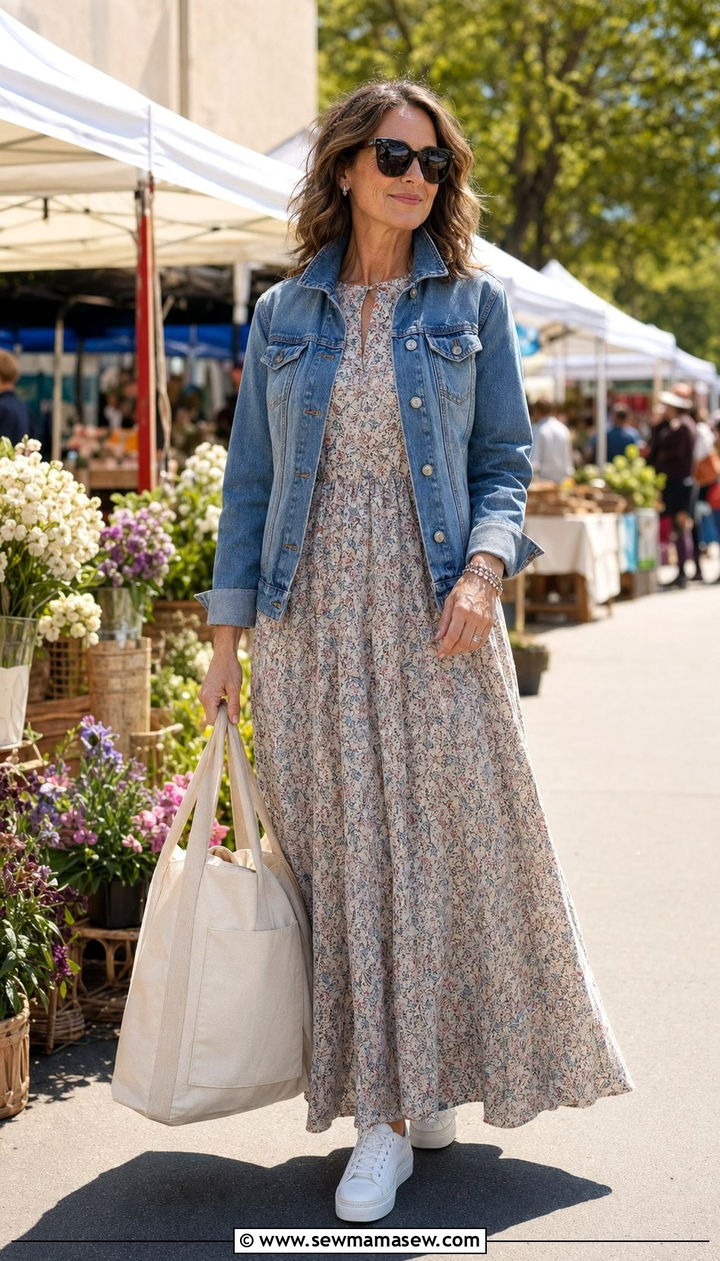 Maxi Dress With Denim Jacket Outfit - 35 Modest outfits for women over 40