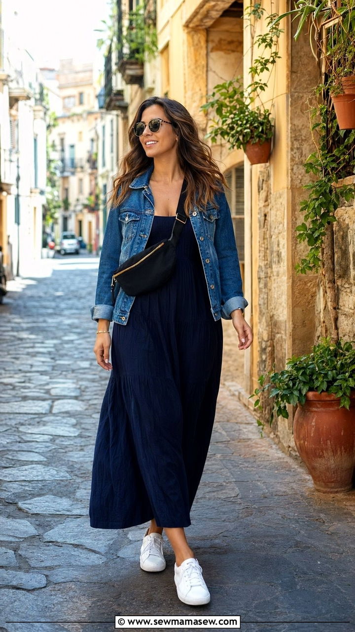 Maxi Dress With Denim Jacket Travel Look - 35 Modest outfit ideas for travel