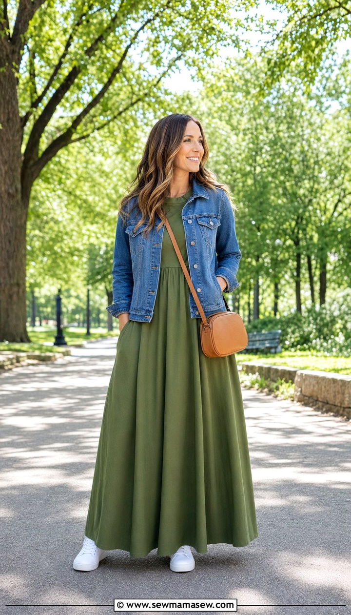 Maxi Dress With Denim Jacket - 35 Modest outfit ideas for moms