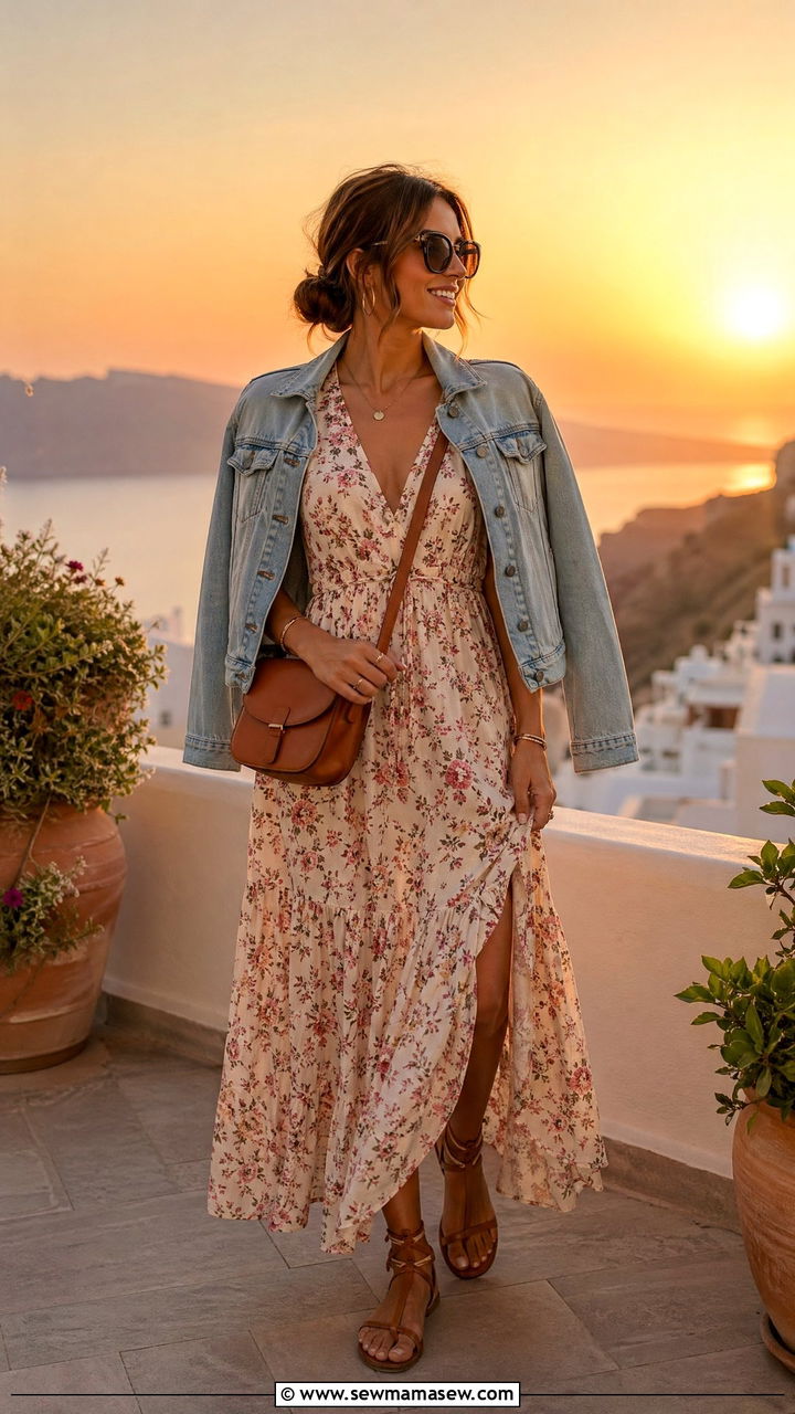Maxi Dress With Flat Sandals And A Light Denim Jacket - 35 summer capsule wardrobe outfits