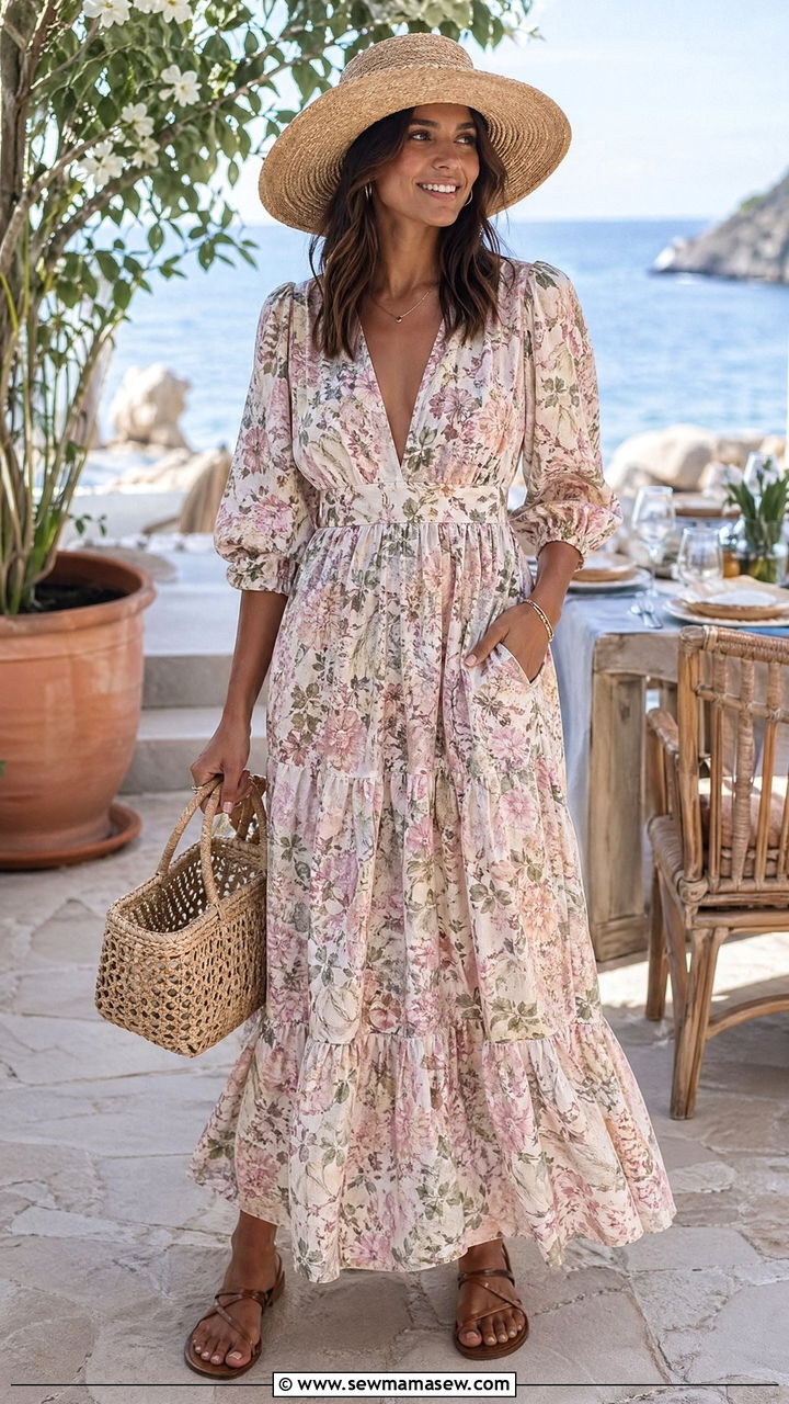 Maxi Dress With Straw Hat And Flat Sandals - 35 spring comfortable outfit ideas