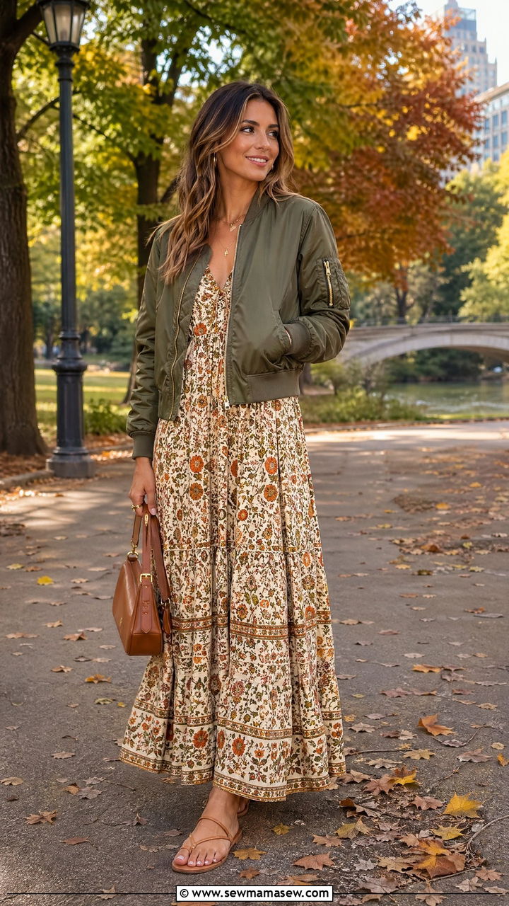 Maxi Dress With a Cropped Bomber Jacket and Flat Sandals - 35 Summer to fall transition outfits