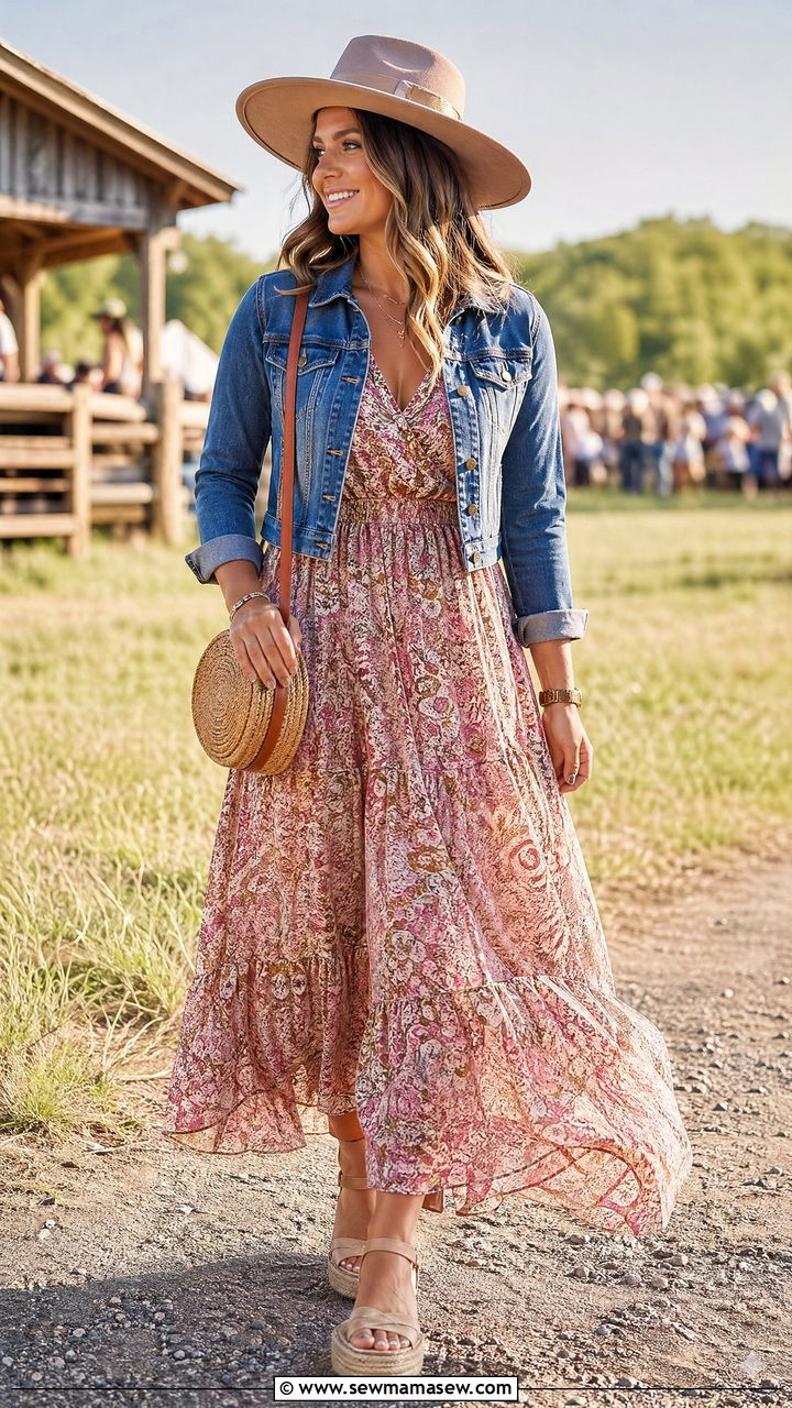 Maxi Dress and Denim Jacket for Concert - 35 Concert outfits for midsize women