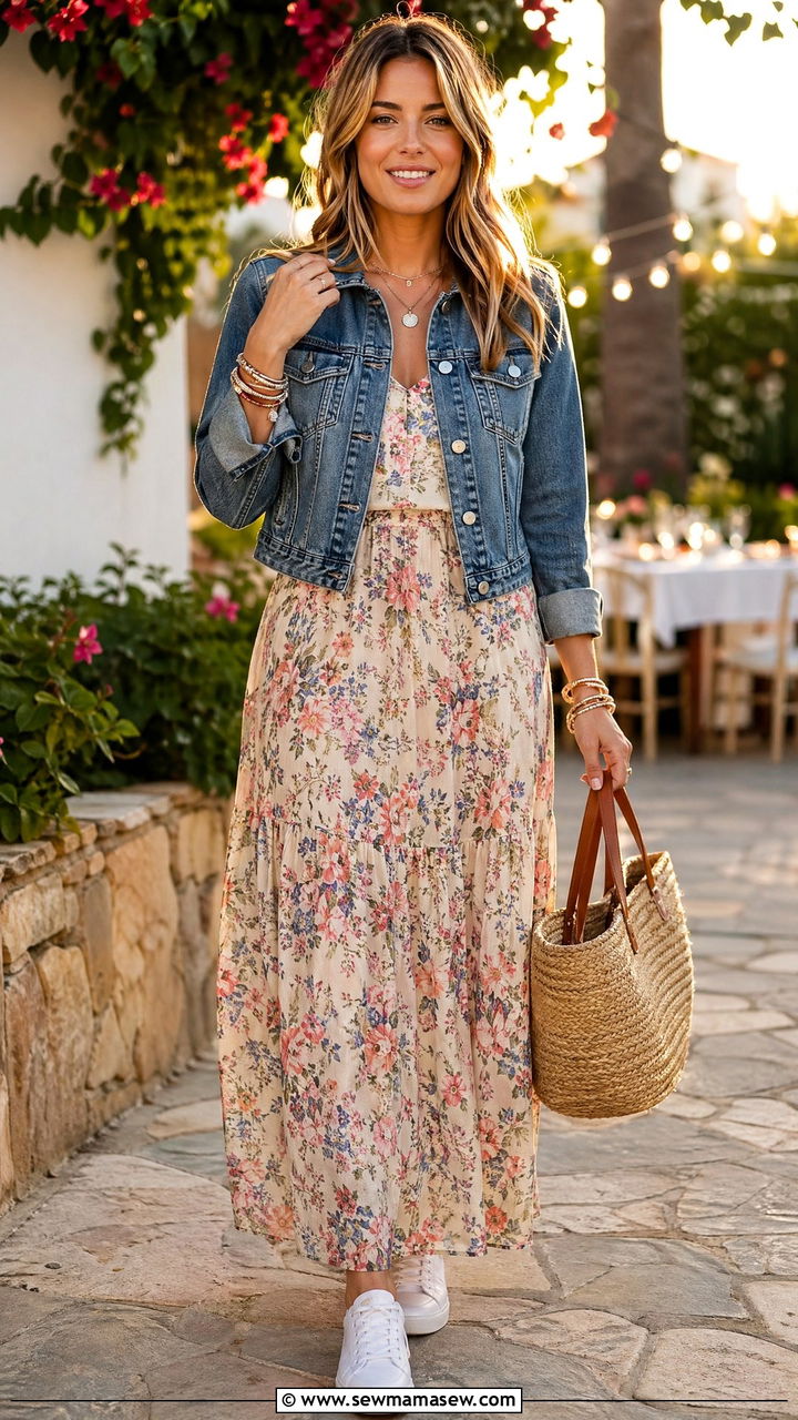 Maxi Dress and Denim Jacket - 35 Summer capsule wardrobe for moms
