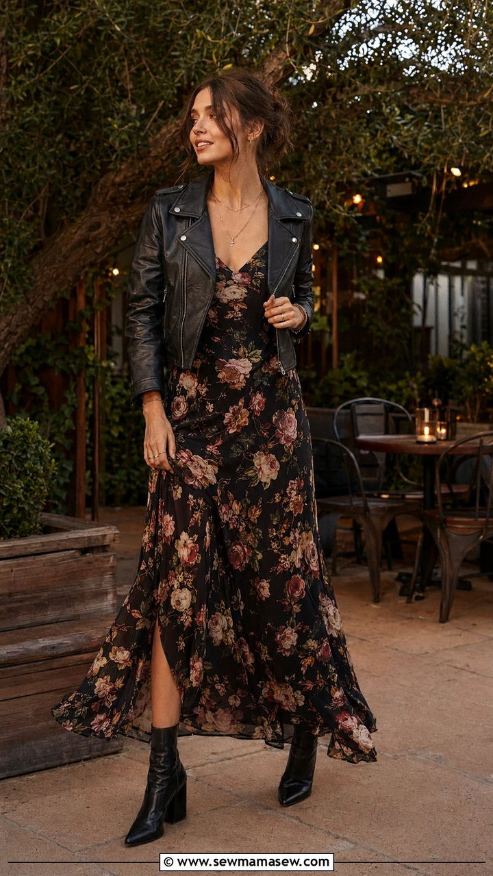 Maxi Dress and Leather Jacket - 30 Bar outfit ideas