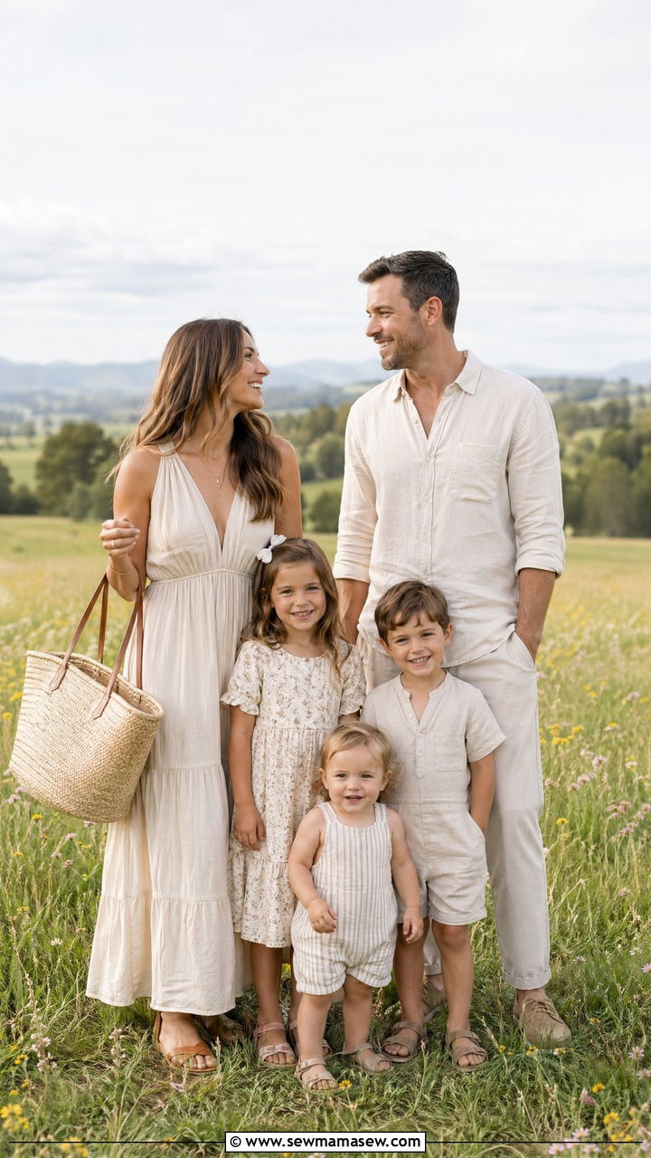 Maxi Dress and Linen Shirt Family Photos - 35 spring family photo outfit ideas