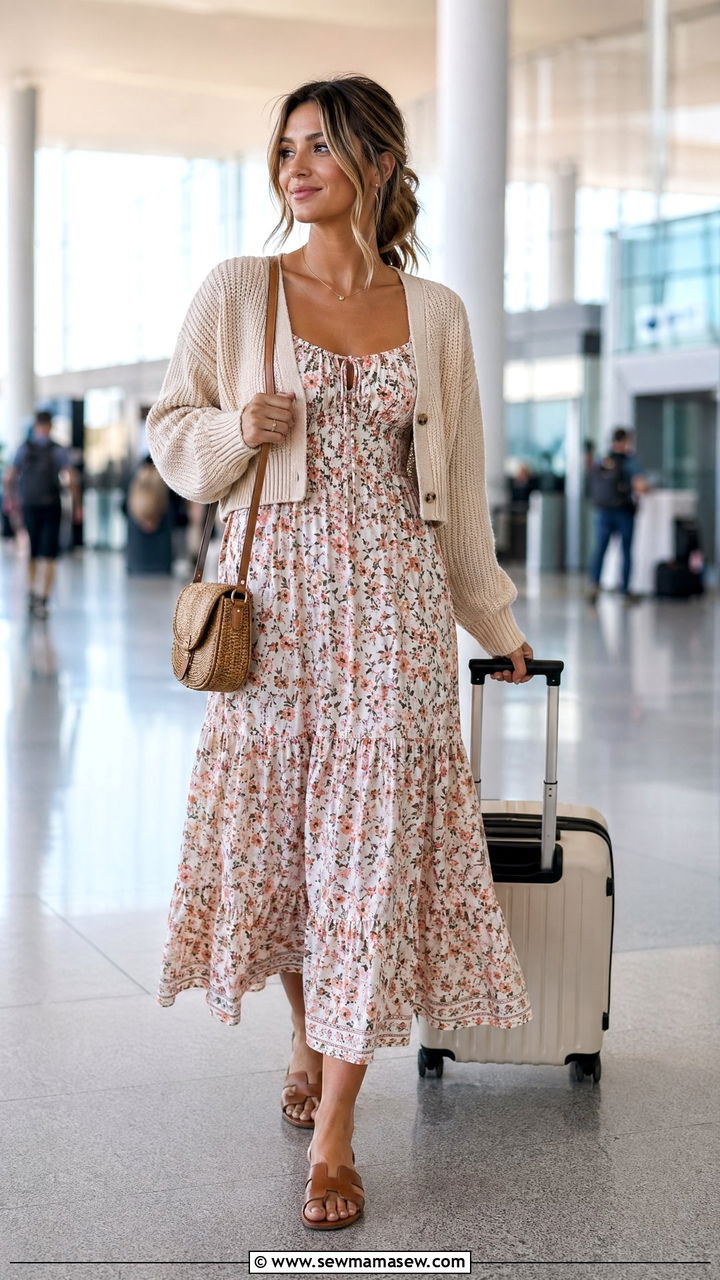 Maxi Dress with Cropped Cardigan and Flat Sandals - 35 what to wear to the airport