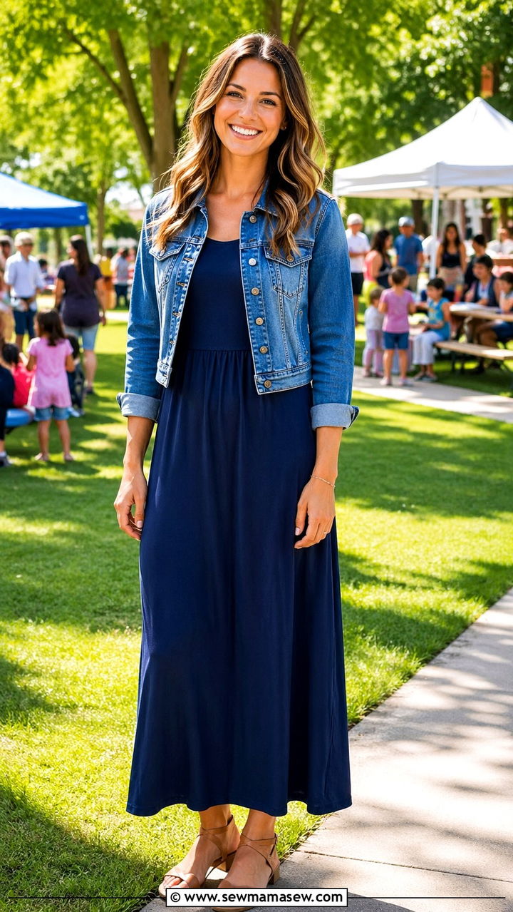 Maxi Dress with Cropped Denim Jacket Outfit - 30 Social worker outfit ideas