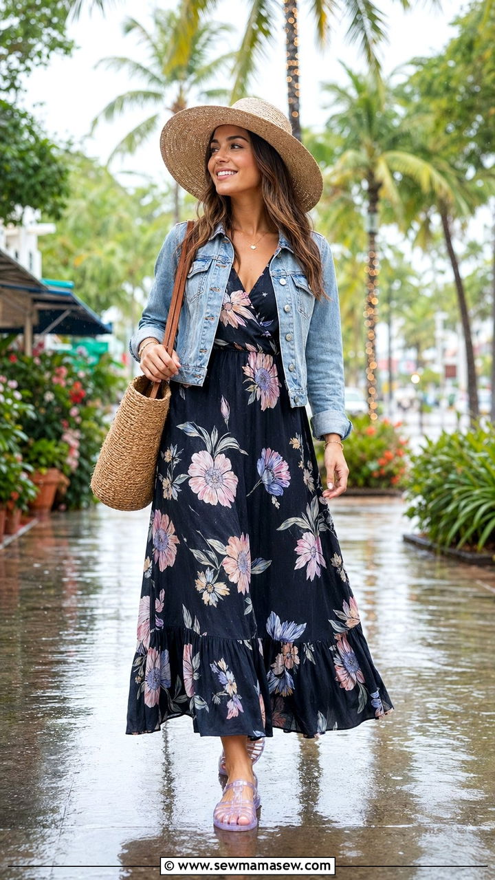 Maxi Dress with Cropped Denim Jacket and Jelly Sandals - 35 Rainy summer outfits