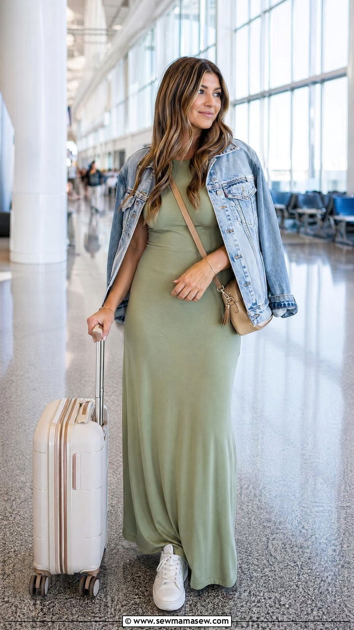 Maxi Dress with Denim Jacket - 40 airport outfits ideas