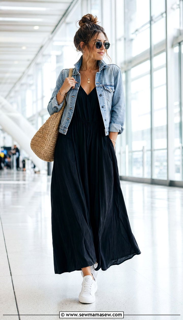 Maxi Dress with Denim Jacket Airport Outfit - 30 airport outfits aesthetic