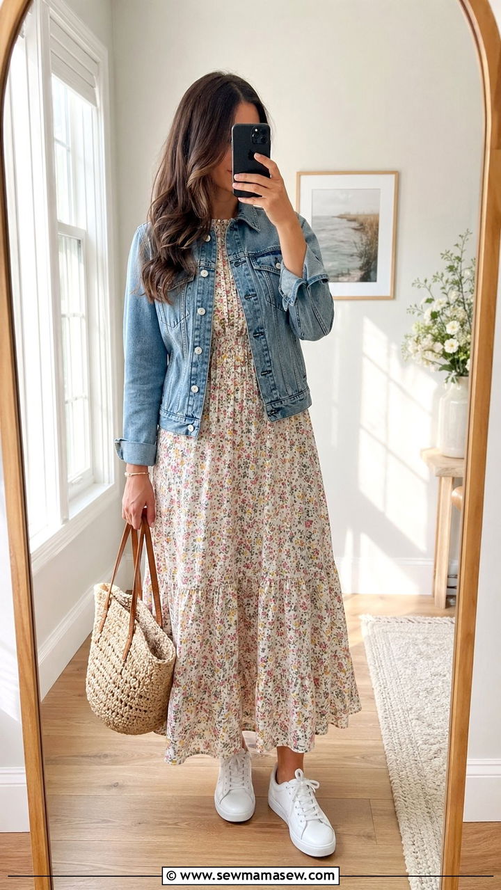 Maxi Dress with Denim Jacket Outfit - 35 modest outfit ideas for women