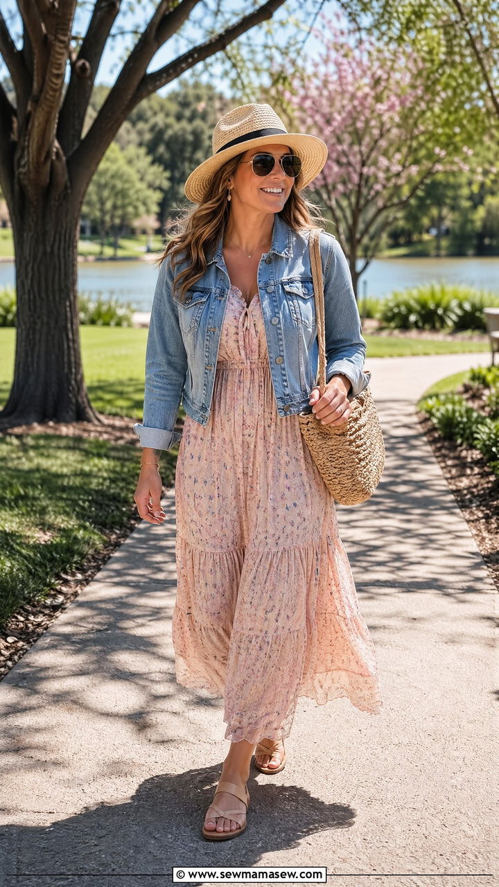 Maxi Dress with Denim Jacket Outfit - 35 Spring mom outfit ideas