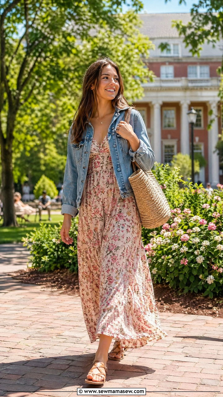 Maxi Dress with Denim Jacket and Flat Sandals - 35 college outfit ideas for women