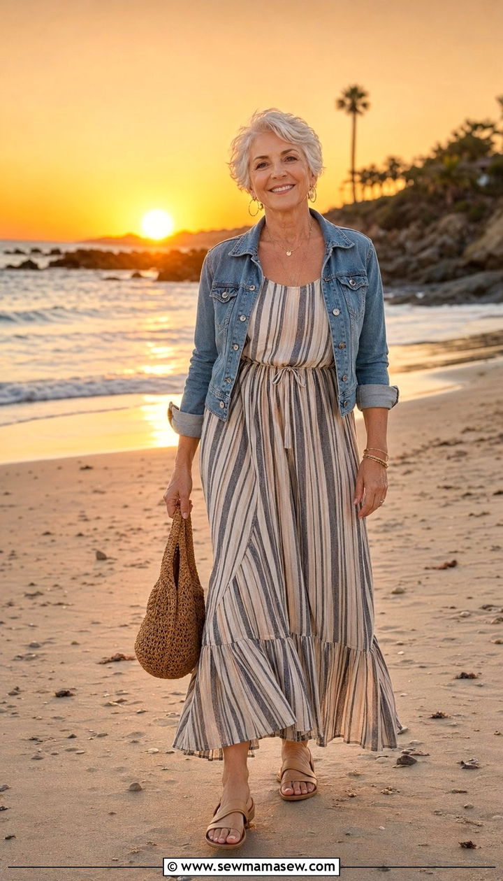 Maxi Dress with Denim Jacket and Flat Sandals - 35 Petite outfit ideas for women over 60