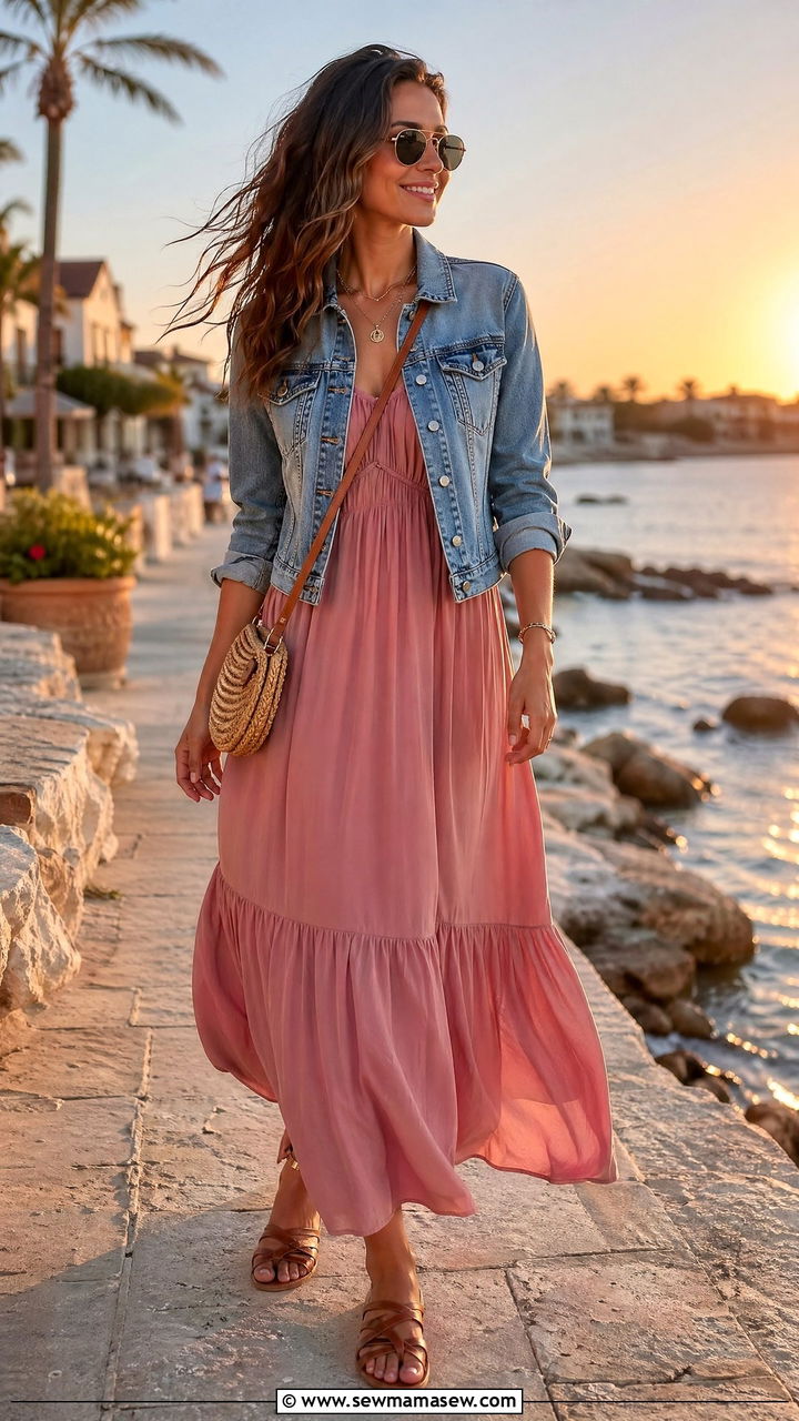 Maxi Dress with Denim Jacket and Flat Sandals - 35 classy cute outfits