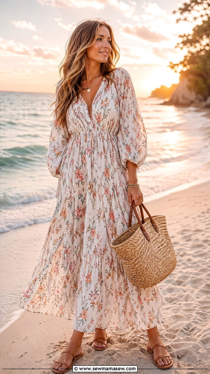 Maxi Dress with Flat Sandals - 35 Chic mom outfit ideas