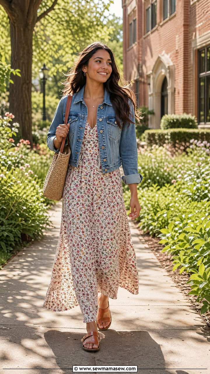 Maxi Dress with Flat Sandals and Denim Jacket - 35 college outfits for women