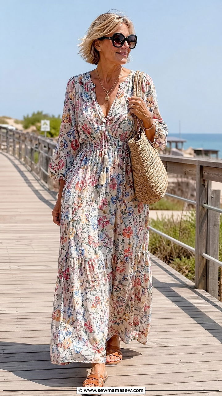 Maxi Dress with Flat Sandals and Oversized Sunglasses - 35 Classy outfit ideas for women over 50