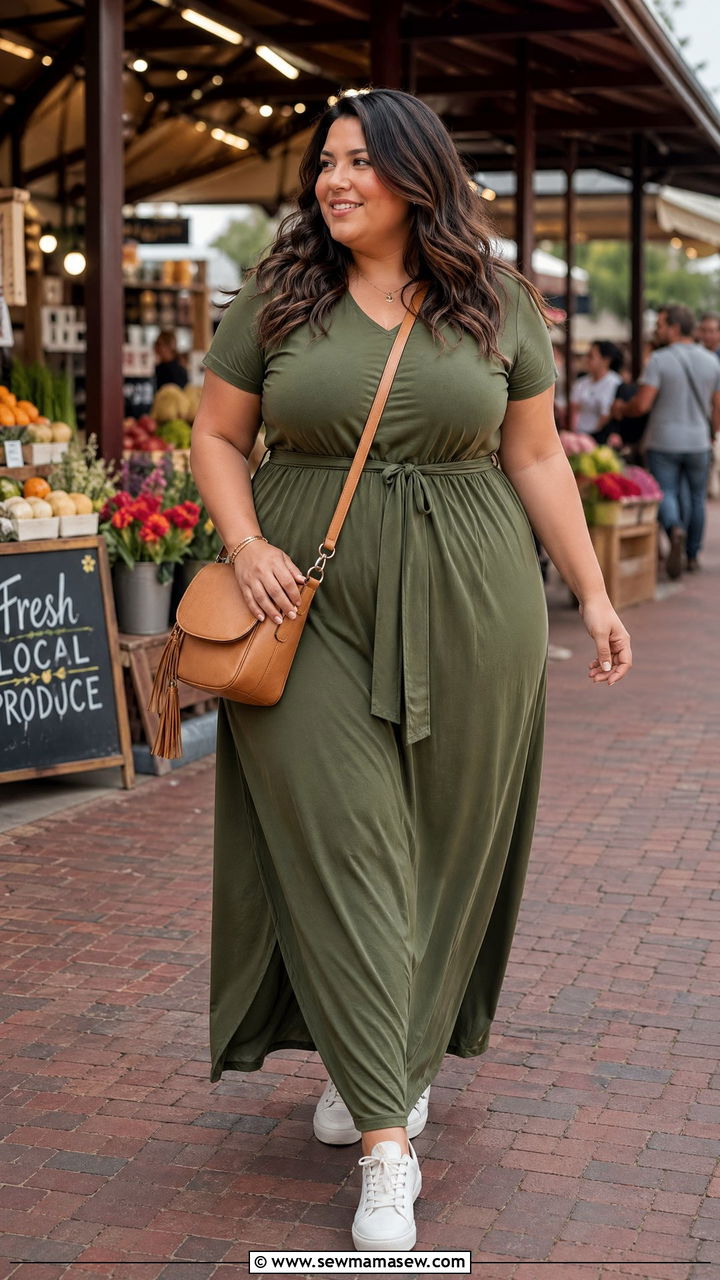 Maxi Dress with Sneakers and Crossbody Bag - 35 casual outfits for curvy women