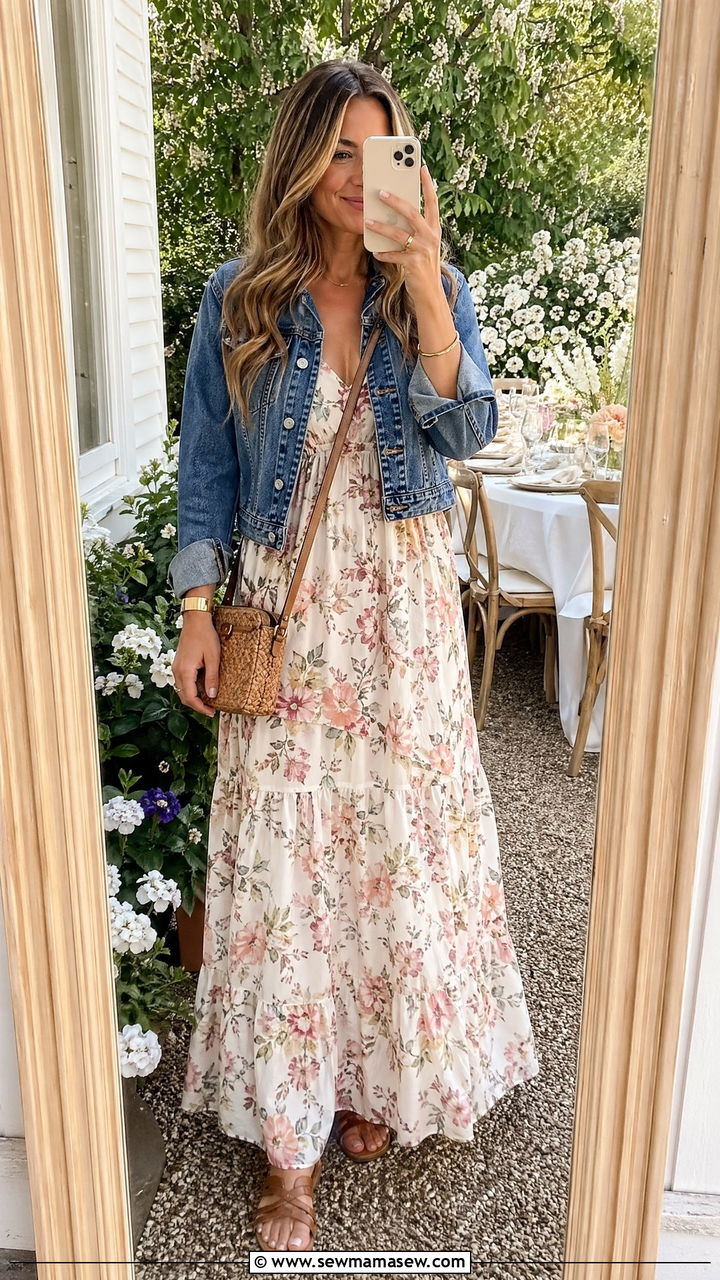 Maxi Dress with a Denim Jacket - 35 what to wear to brunch