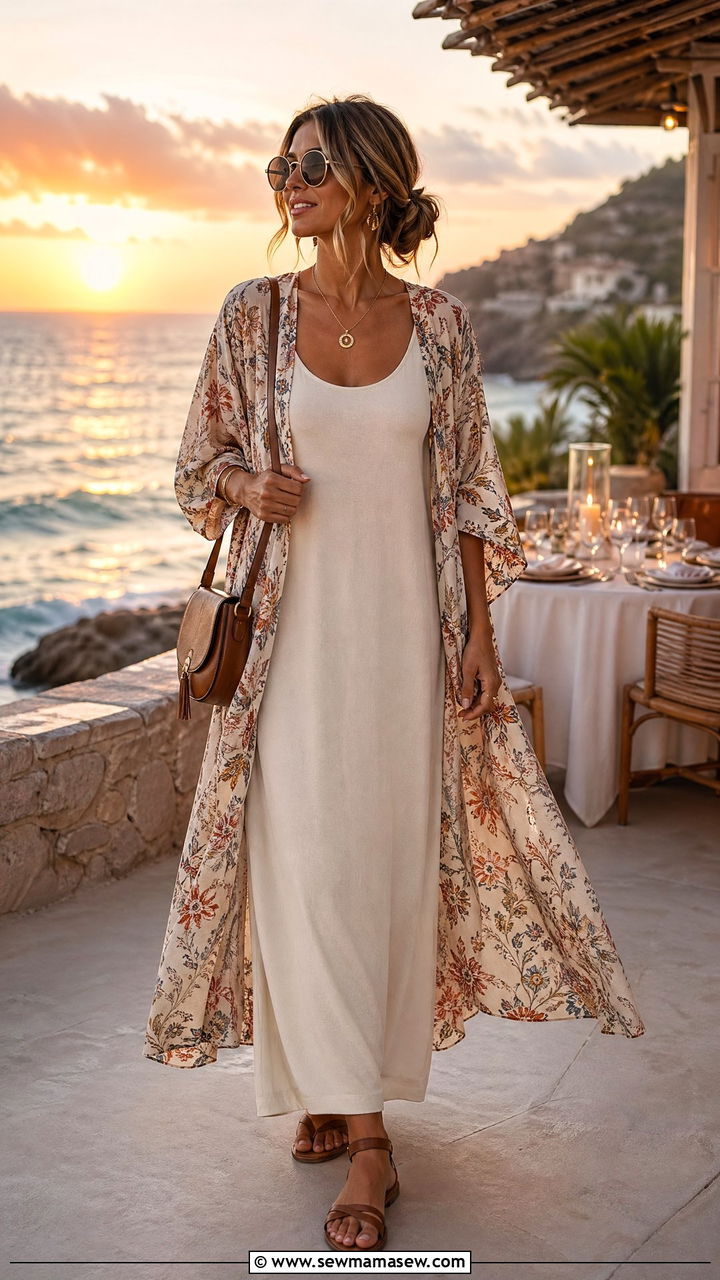 Maxi Dress with a Duster Kimono and Ankle Strap Sandals - 35 Summer outfits with maxi dresses