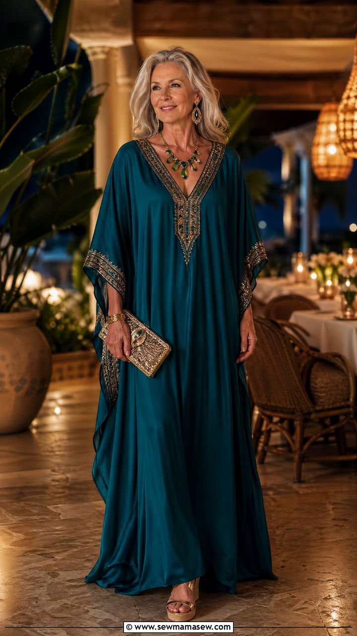 Maxi Kaftan With Statement Jewelry And Wedge Sandals For Evening - 35 Vacation outfits for women over 50