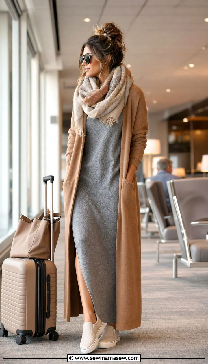 Maxi Knit Dress and Longline Cardigan - 30 Airport outfit ideas for red eye flight