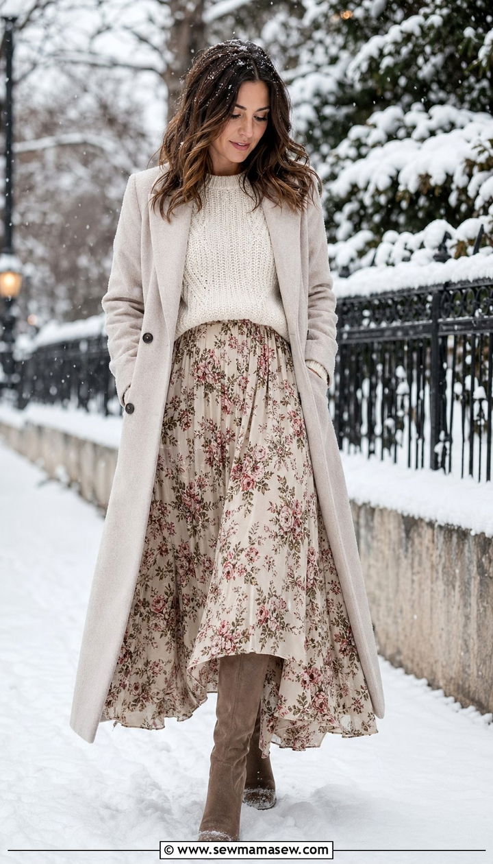 Maxi Skirt And Knit Sweater With Knee High Boots - 35 Romantic outfit ideas